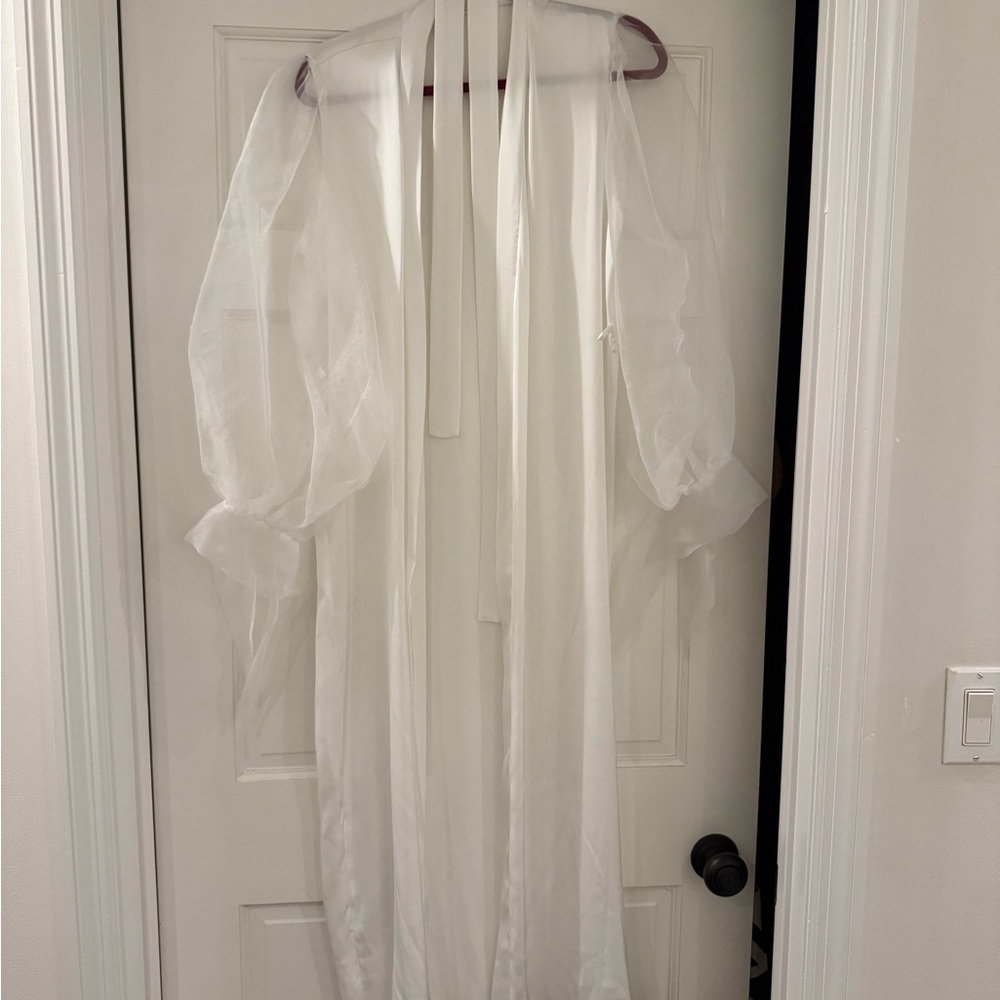 Bridal Long White Satin Robe with puff sleeves